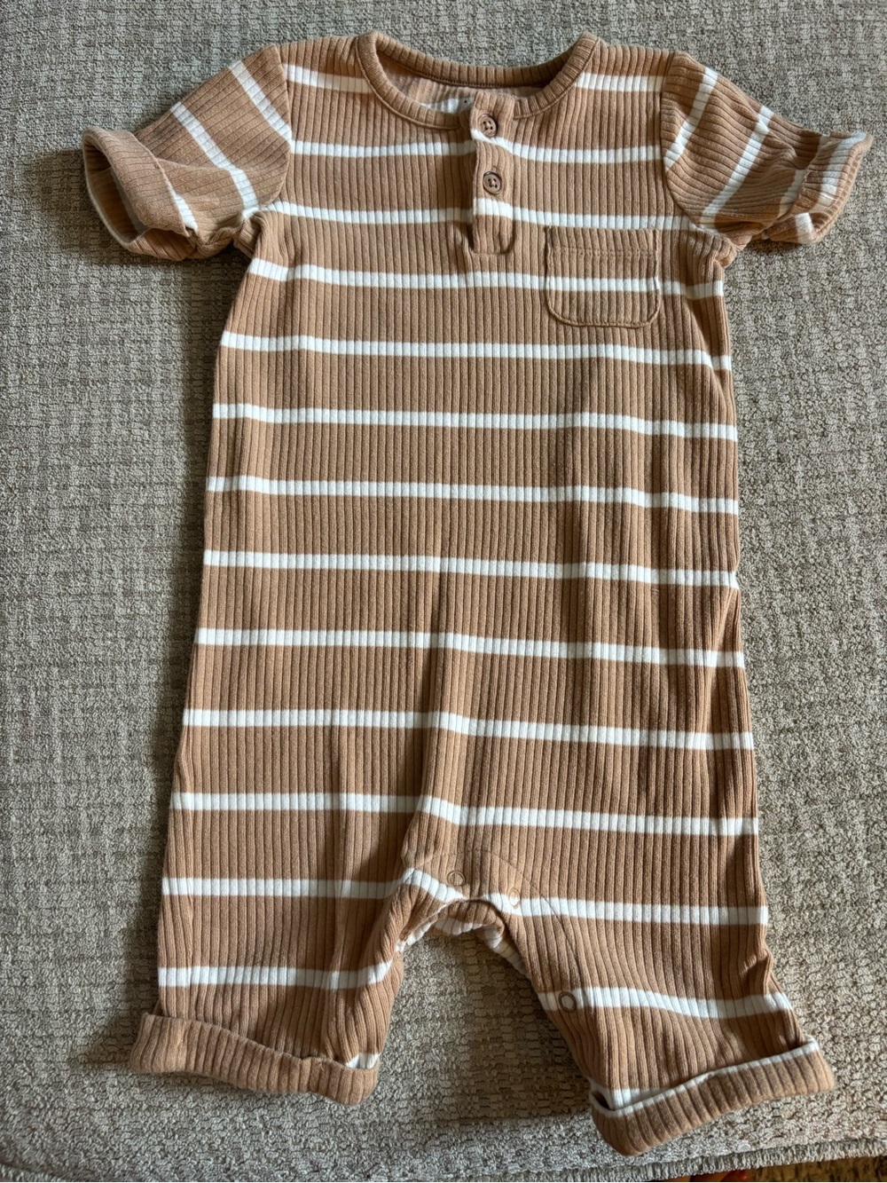cloud island Tan and White Striped Ribbed Short-Sleeve Romper